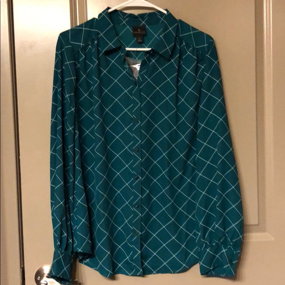 Green and white button up blouse